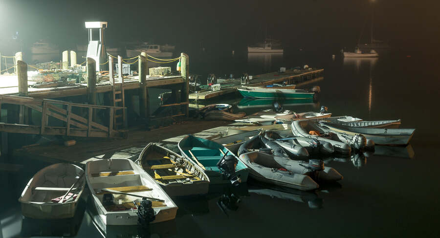 Dinghies at night, Maine